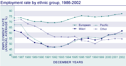 Employment rate by ethnic group, 1986-2002