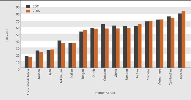 Figure Cl3.1 Proportion of people who could speak the first language of their ethnic group, 2001 and 2006