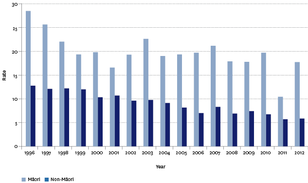 Figure SS4.3 – Motor vehicle traffic crash mortality age-standardised rates, by ethnic group, 1996–2012