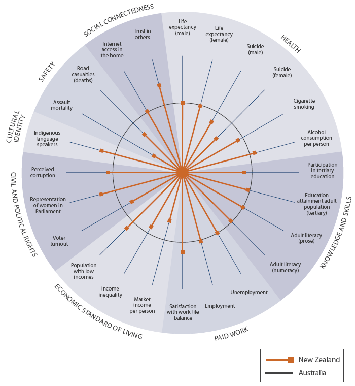 Pie chart comparing social wellbeing in New Zealand with the OECD. 